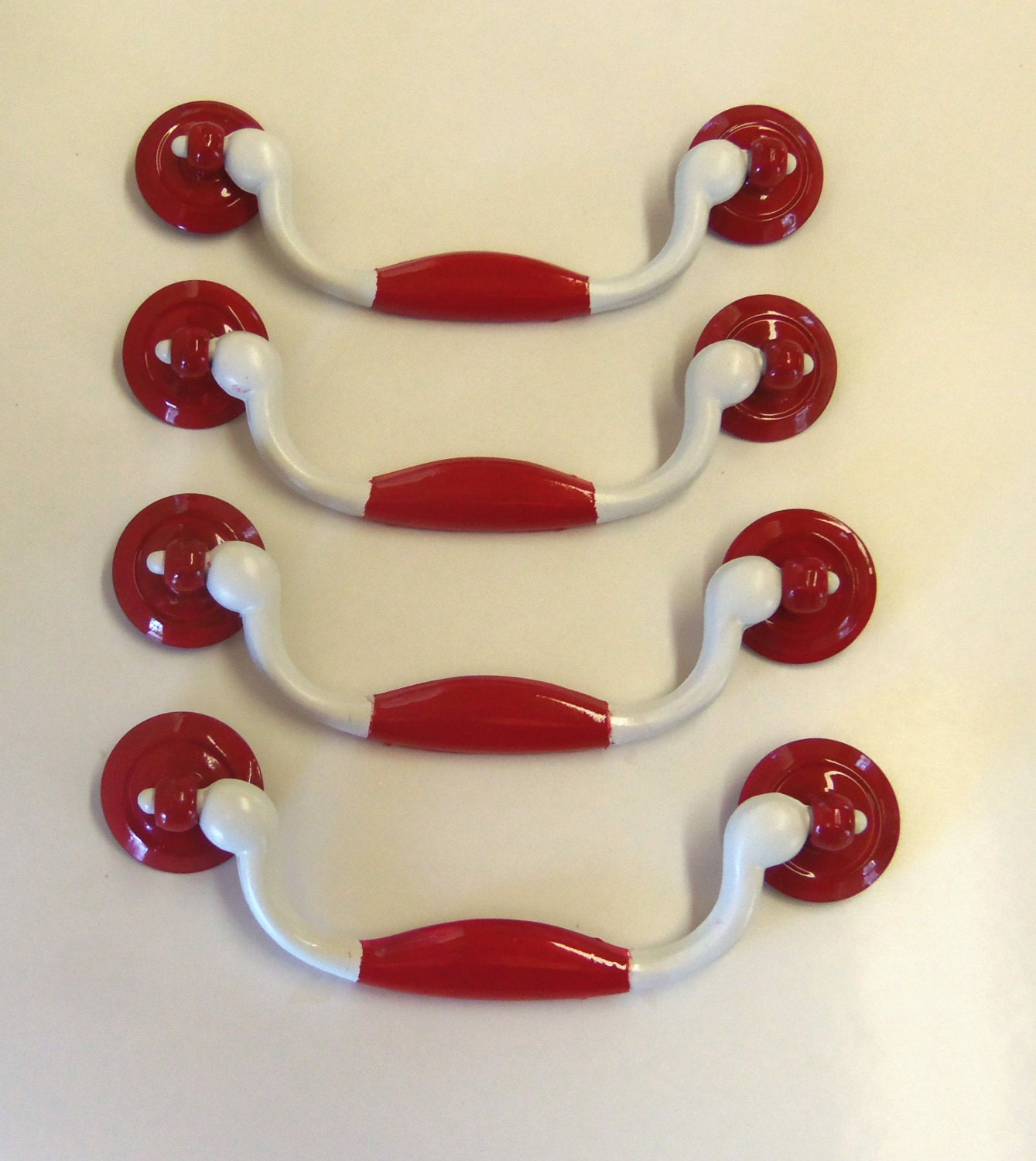 Red and White Drawer Pulls OOAK Set of 4 with 4 Inch Centers