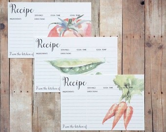 Recipe Cards 4x6 - Set of Watercolor Kitchen Vegetable Recipe Card - Gifts for Her, House Warming, Mother's Day, Hostess Gift