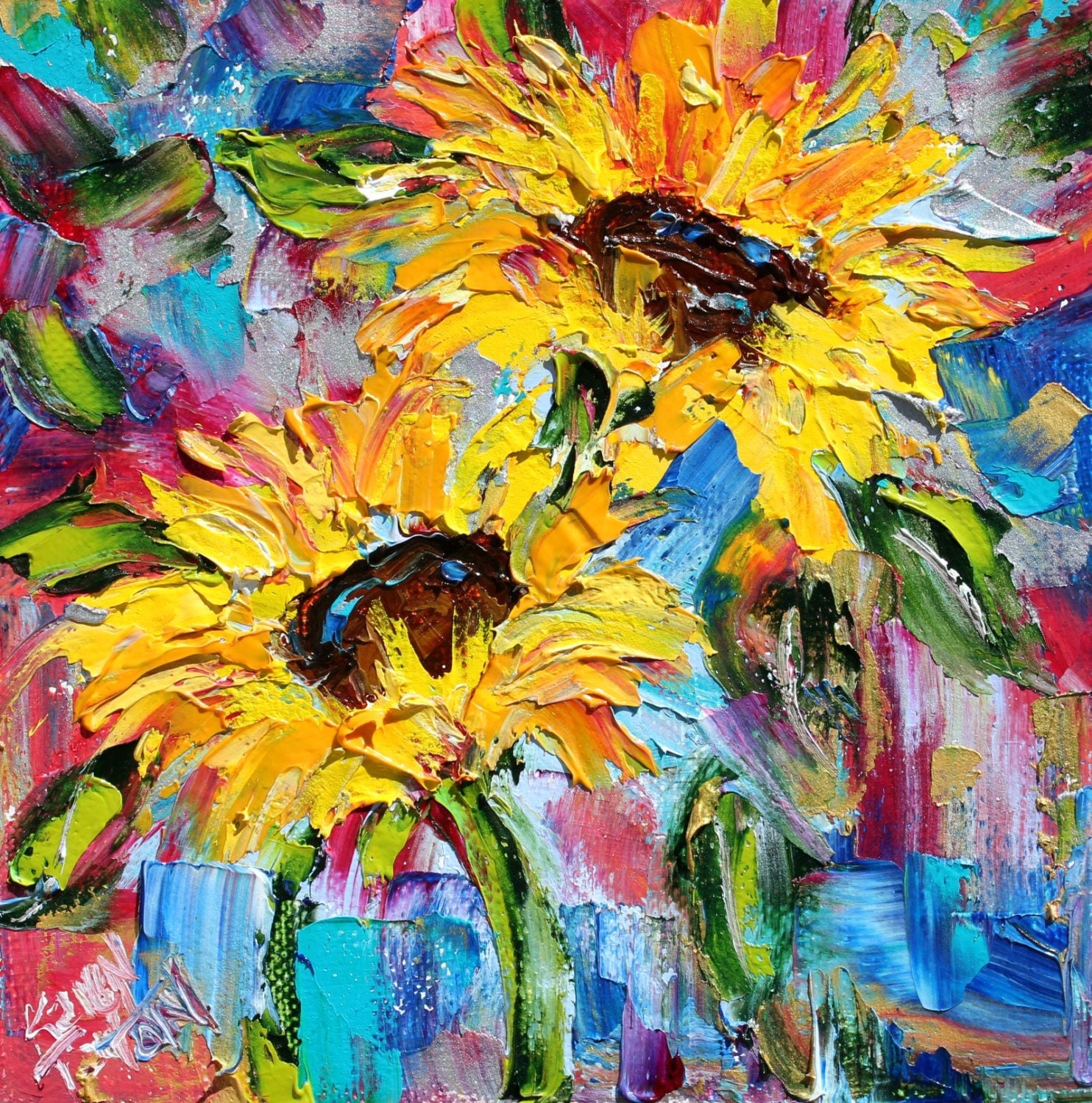 Original oil painting Sunflower Joy 6x6 palette knife