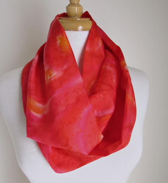 Red Silk Infinity Scarf for Women Hand Painted Silk Scarves