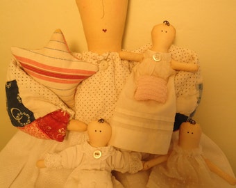Primitive Handmade Quilt Doll reclaimed and upcycled Antique Quilt/Vintage Linen Dress