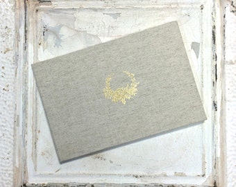 Personalized Linen Guest Book | Natural Linen Guest Book with Gold Vintage Wreath