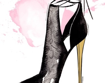 Watercolour fashion illustration Titled Gold Heel