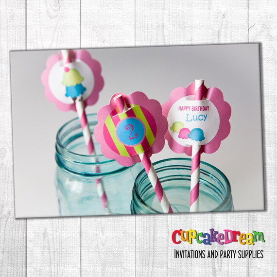 Ice Cream Birthday Decoration, Striped Paper Straws, Straw Tags Il_570xn