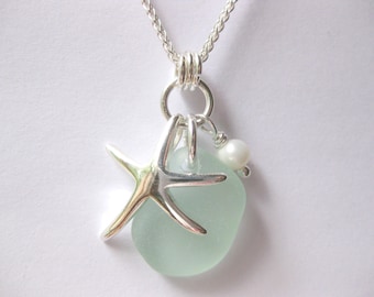 SS Starfish Sea foam Seaglass pendant Sterling beach Glass necklace Beach Glass Jewelry