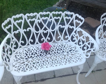 HAVE A HEART Vintage White Cast Aluminum Settee / White Settee Shabby Chic Cottage Style at Retro Daisy Girl