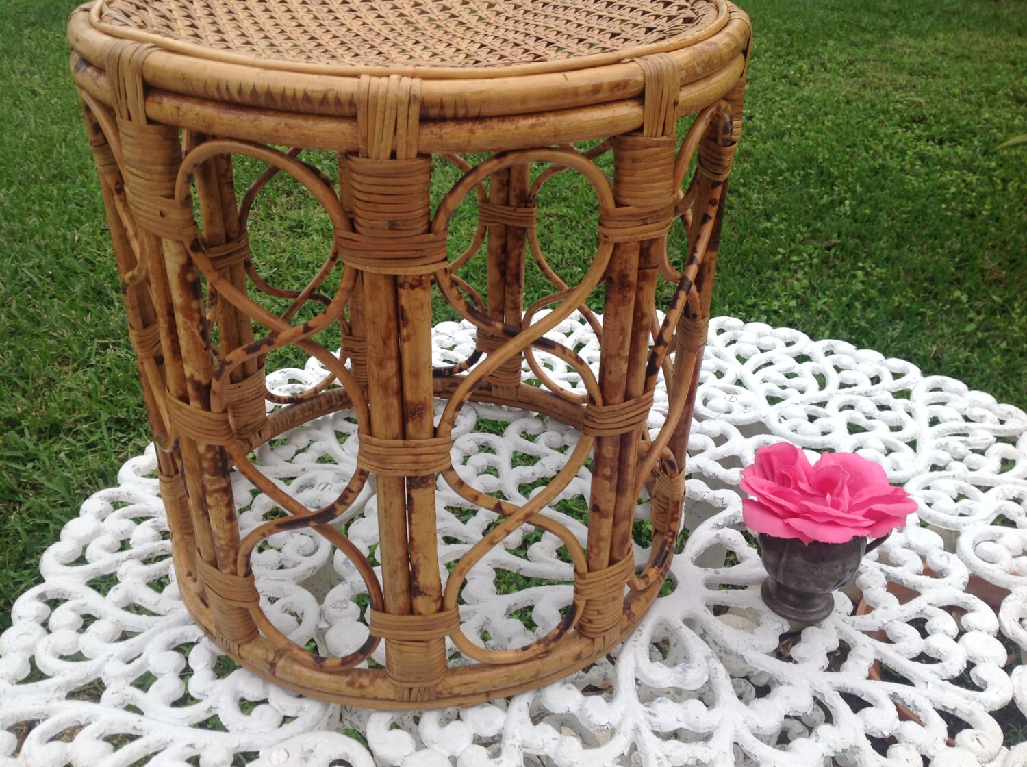 RATTAN CANE DRUM Vintage Rattan Cane Drum Table / Bamboo Side