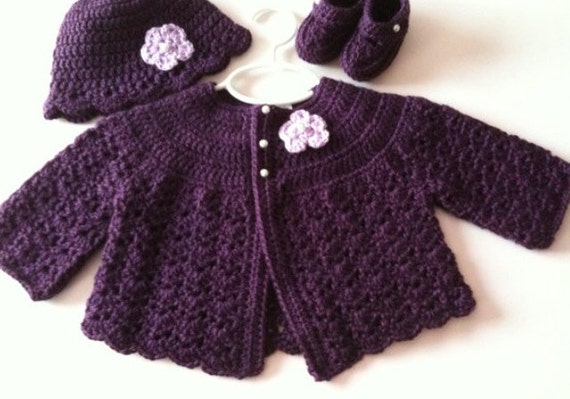 Crochet Baby Sweater Hat Booties Set Plum 3 to 6 months