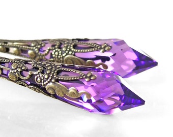 Purple Swarovski Crystal Earrings Antique Gold Brass Long Earrings Purple Crystal Drop Earrings Violet Amethyst Earrings Victorian Jewelry