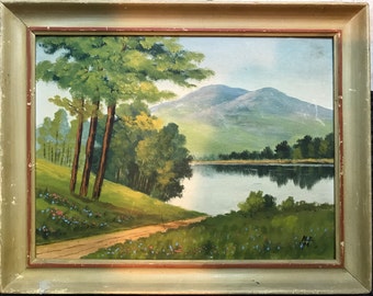 Vintage OIL PAINTING LANDSCAPE - Serene Lake and Mountains Plein Air - Maine Oil on Board - Estate Find Artist Signed 1944