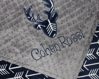 Personalized Baby Boy Blanket, Deer Head Blanket, Arrows Blanket, Navy and Gray Blanket, Buck Head Blanket, Double Minky Blanket