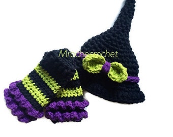 Newborn halloween costume, witch hat, crochet witch hat, halloween hat, newborn photo prop, crochet witch hat, baby witch hat, leg warmers