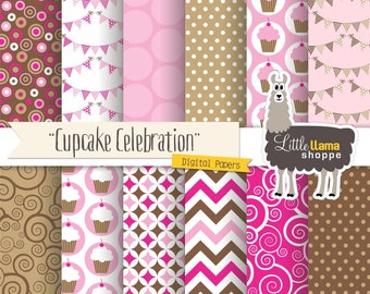 Birthday Digital Paper, Cupcake Scrapbook Paper, Celebration Digital Patterns in Pink and Brown, INSTANT DOWNLOAD, Commercial Use
