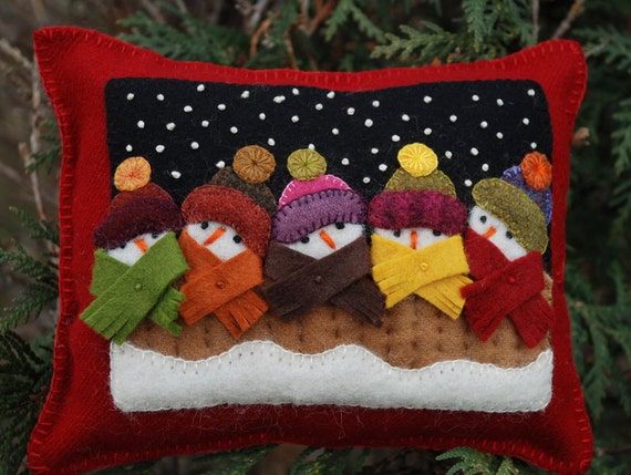 Christmas wool applique snowman pillow primitive felted wool