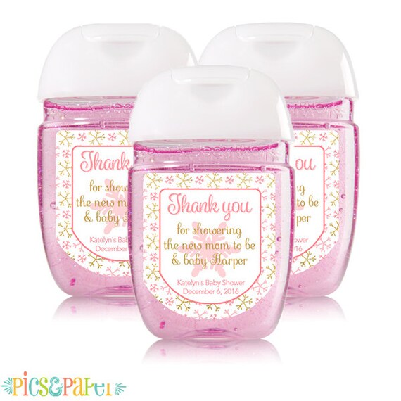 Personalized Mini Hand Sanitizer Labels Pink and Gold Snowflakes Baby