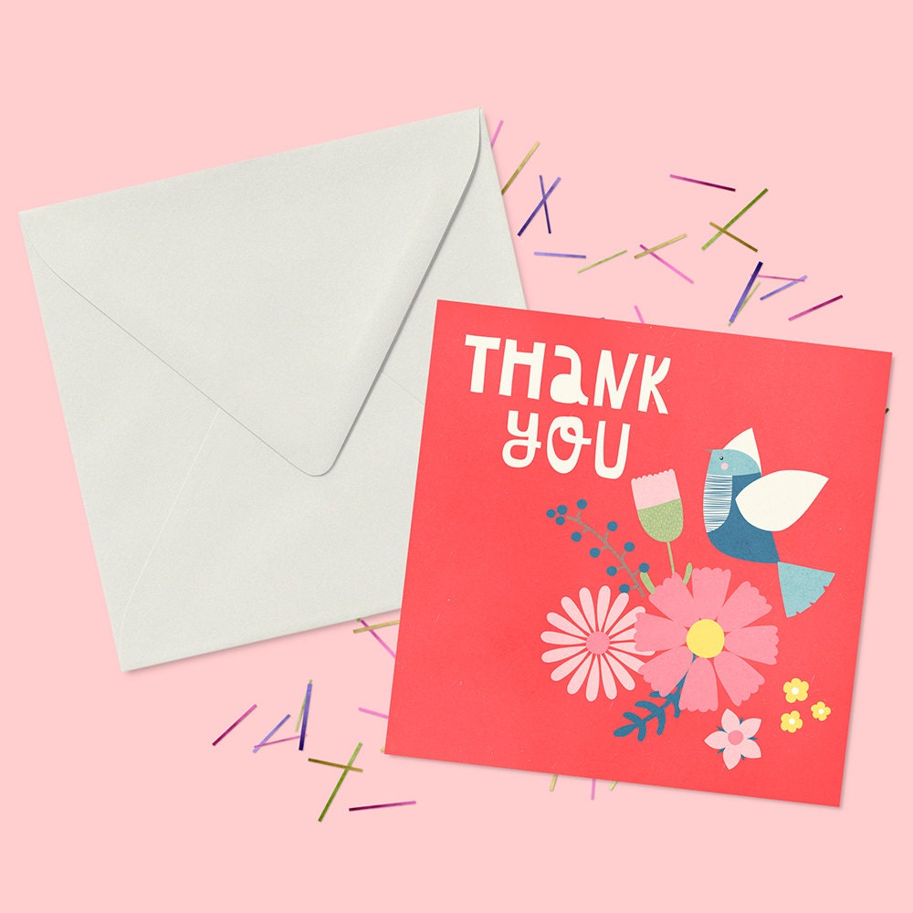 thank you card with flowers and bird blank greeting card