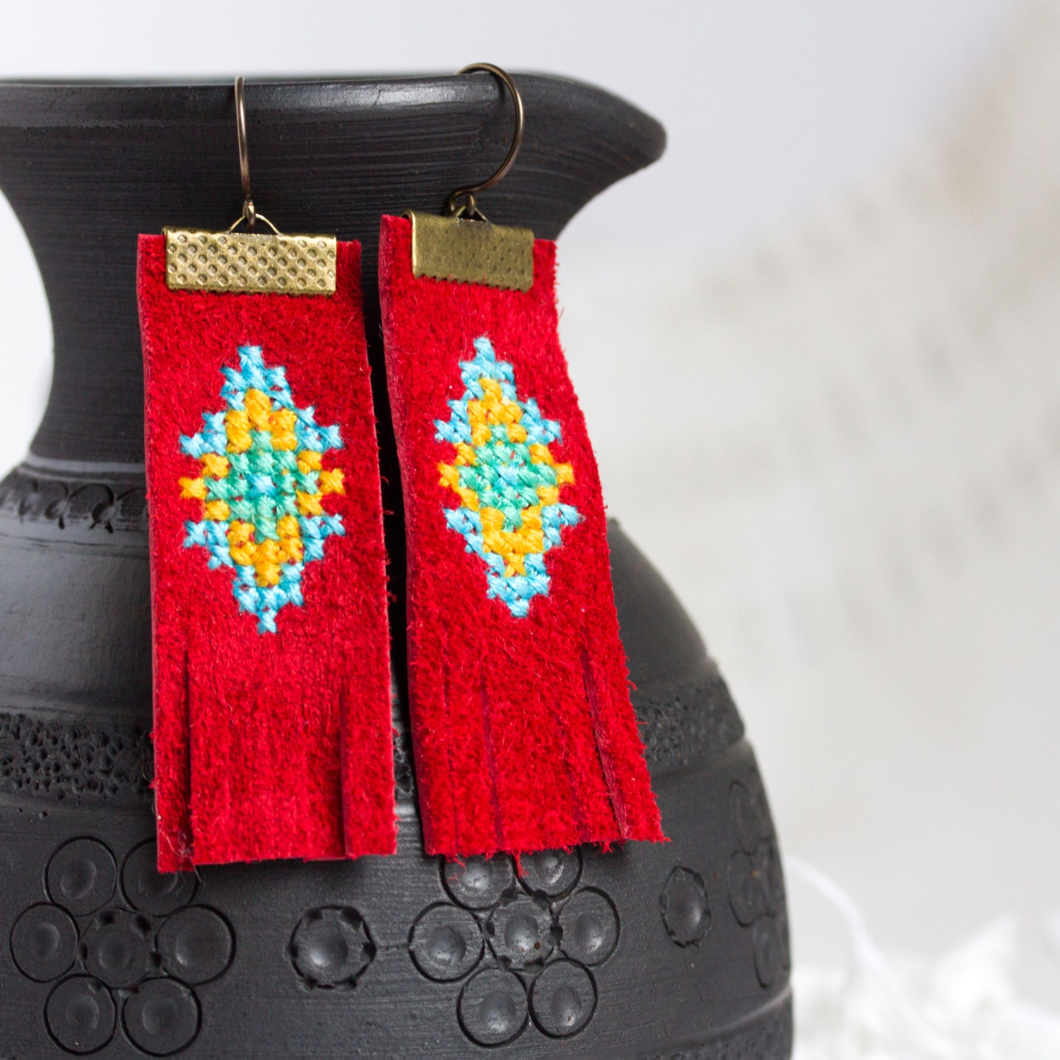 Red leather earrings with bright embroidery e032