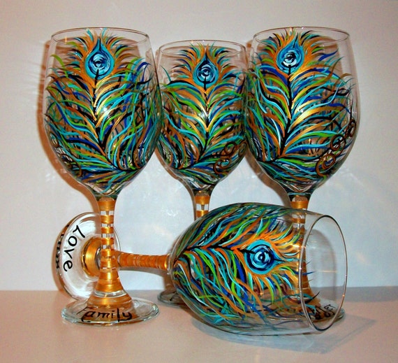 Peacock Feather Hand Painted Wine Glasses by SharonsCustomArtwork