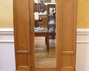 REDUCED, Antique Victorian English Oak Wardrobe, Mirrored Armoire, Closet.