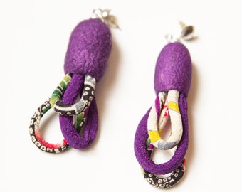 EARRINGS japanese silk chirimen cords and silk cocoon earrings- textile jewelry,purple
