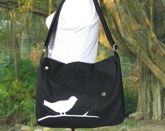 wholesale canvas bags / black cotton canvas cross body bag / diaper bag / hand bag / messenger bag with bird sewn on it