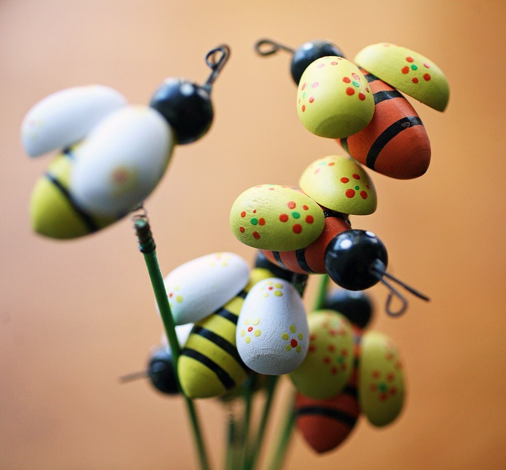 Bumble Bee Plant Sticks Set of Six 6 Wooden Bugs on Sticks Bumble Bee Plant Sticks Set of Six 6 Wooden Bugs on Sticks