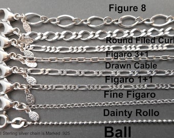 Sterling silver Chain - .925 - Rollo Chain - Ball Chain - Curb Chain - Figaro Chain - Necklace - Jewelry Supplies - Men - Women
