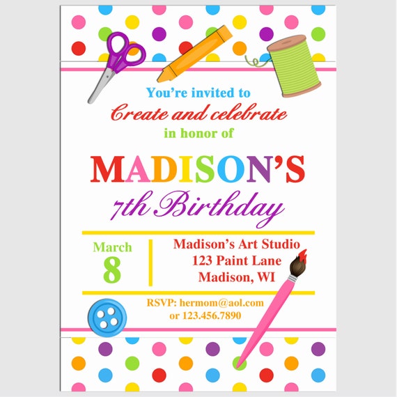 Arts and Crafts Party Birthday Invitation Printable or Printed