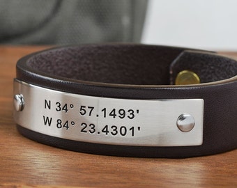 Personalized Mens Leather Bracelet | Custom Coordinates bracelet can be personalized with your coordinates or any text up to 40 characters!
