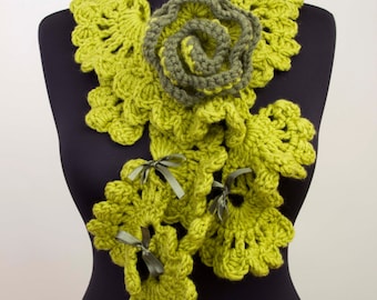 Green crochet ruffle scarf with removable brooch, long crochet scarf