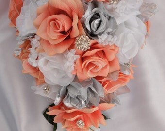 17 Piece Package Silk Flowers Wedding Bridal Bouquet Cascade Bride Teardrop Bouquets Decoration CORAL SILVER WHITE "Lily of Angeles" COSI01