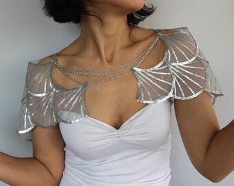 Shoulder Chain, Bridal Shrug Metallic Gray Sequin Wing Sleeves, Special Occasion Wedding Cape Harness Brides Fashion, Bolero Modern Romantic