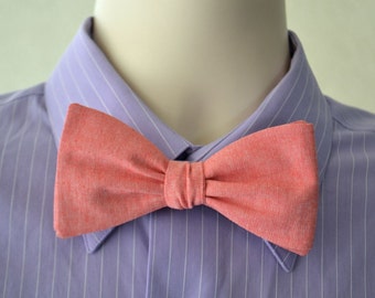 Freestyle Bowtie in Coral Pink Linen, Reddish Pink Linen, Mens Self Tie Bow Tie, Pink Bow Tie, Groomsmen Bow ties, Wedding Bowties
