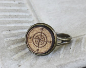 Wood Compass Ring - Walnut Laser Engraved Compass Ring - adjustable ring, brass ring, woodland ring, wood ring, compass jewelry