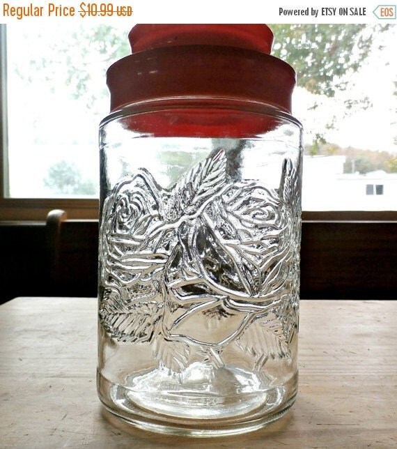 Vintage rose Tang Glass embossed Jar by PlasticPinkFlamingos