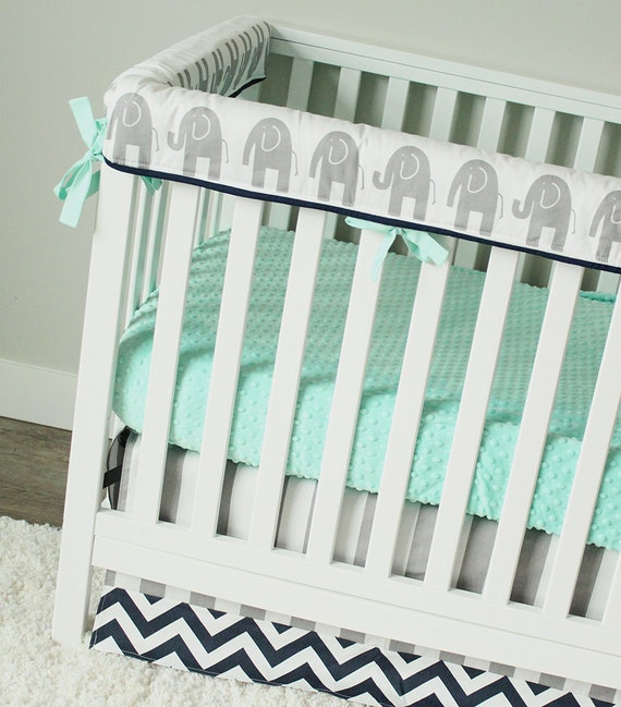 Elephant Baby Bedding Mint Gray and Navy Blue Nursery