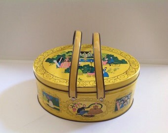 Vintage Sewing Tin Filled With Grandma's Goodies, Collectible Tin with Handles, Metal Sewing Basket