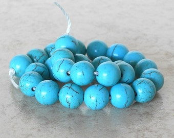 8mm Round Turquoise (Dyed) Howlite Excellent Quality Semi Precious Gemstone Beads Blue Green Stone Beads (TH8-60414) - 25 Pieces
