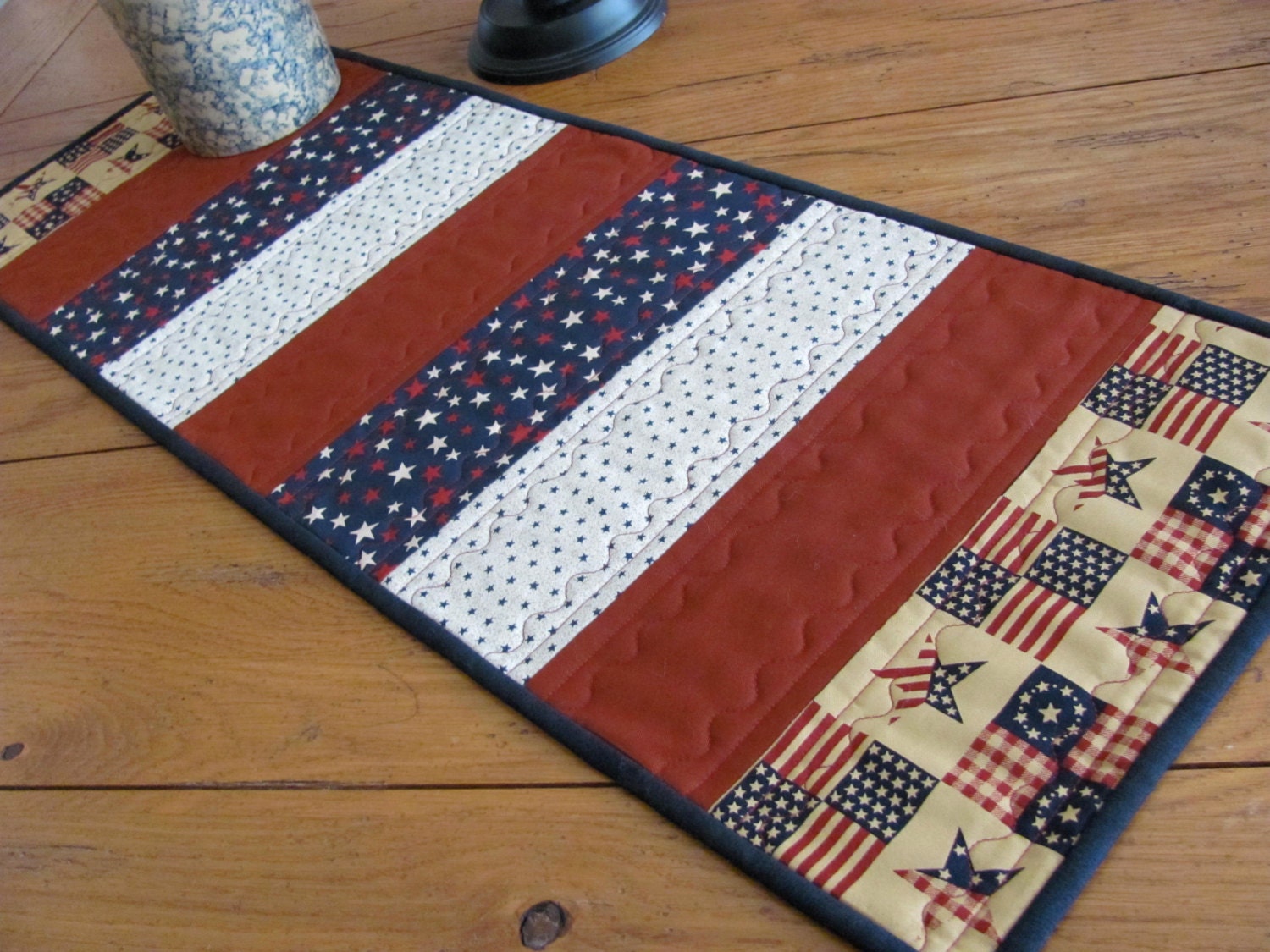 Quilted Table Runner 4th of July Red White and Blue Tone