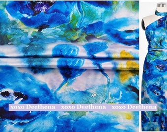 Silk Elastic Satin Fabric , blue ink digital printing fashion design silk fabric supplies