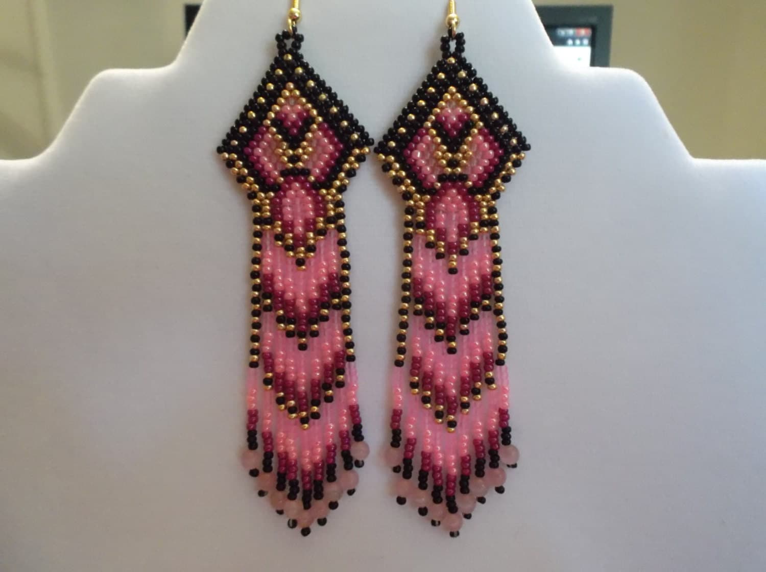Handmade Native American Seed Bead Loop Earrings With Fire Pattern