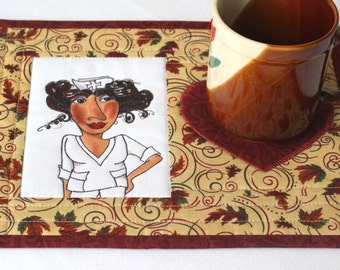 Nurse Mug Rug, Quilted Snack Mat, Fall Mug Rug, Autumn Leaves, Gift for Nurse, Quiltsy Handmade