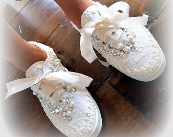 Wedding Bridal Sneakers Tennis Shoes - chic ivory or white lace - Rhinestone Pearls - eyelet trim - Shabby vintage inspired - alternative