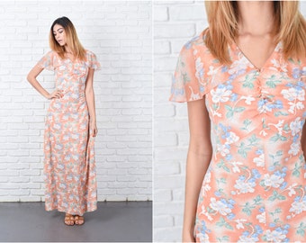 Floral Print Dress Vintage 70s Cap Angel Sleeve Orange Boho Hippie Small S 8410