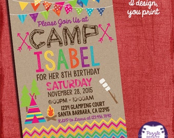Camping Invitation - Camping Birthday Invitation - Sleepover Birthday Invitation - Girl Camping Party - I design you print