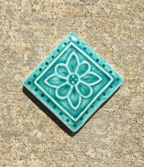 Ceramic Accent Tile Set of 4 Embroidered Clay Rosette 2x2