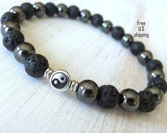 Men's Balance & Grounding Lava, Hematite with Yin yang Guru bead, Meditation bracelet, Reiki Charged, free shipping