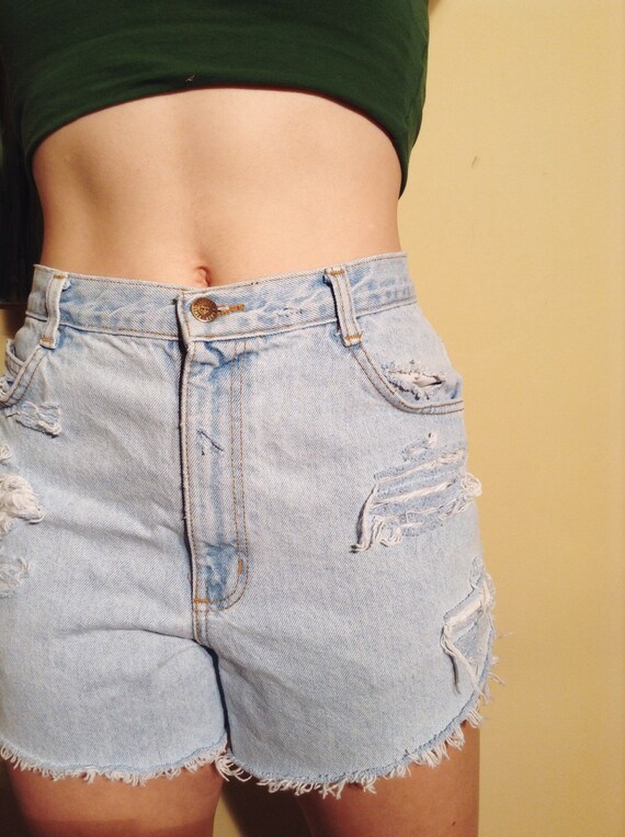 High Waisted Light Wash Distressed Shorts by CanzaliAprons