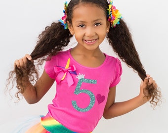 Girls 5th Birthday Shirt Hot Pink Birthday Shirt Birthday Girl Shirt Personalized Shirt 5 Rainbow Party Tutu Birthday Hair Bow Rainbow Socks