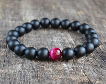8mm Pink Tiger Eye Bracelet Matte Onyx Bracelet Mens Bracelet Black Bead Bracelet Gemstone Bracelet Mens Womens Yoga Bracelet Gifts